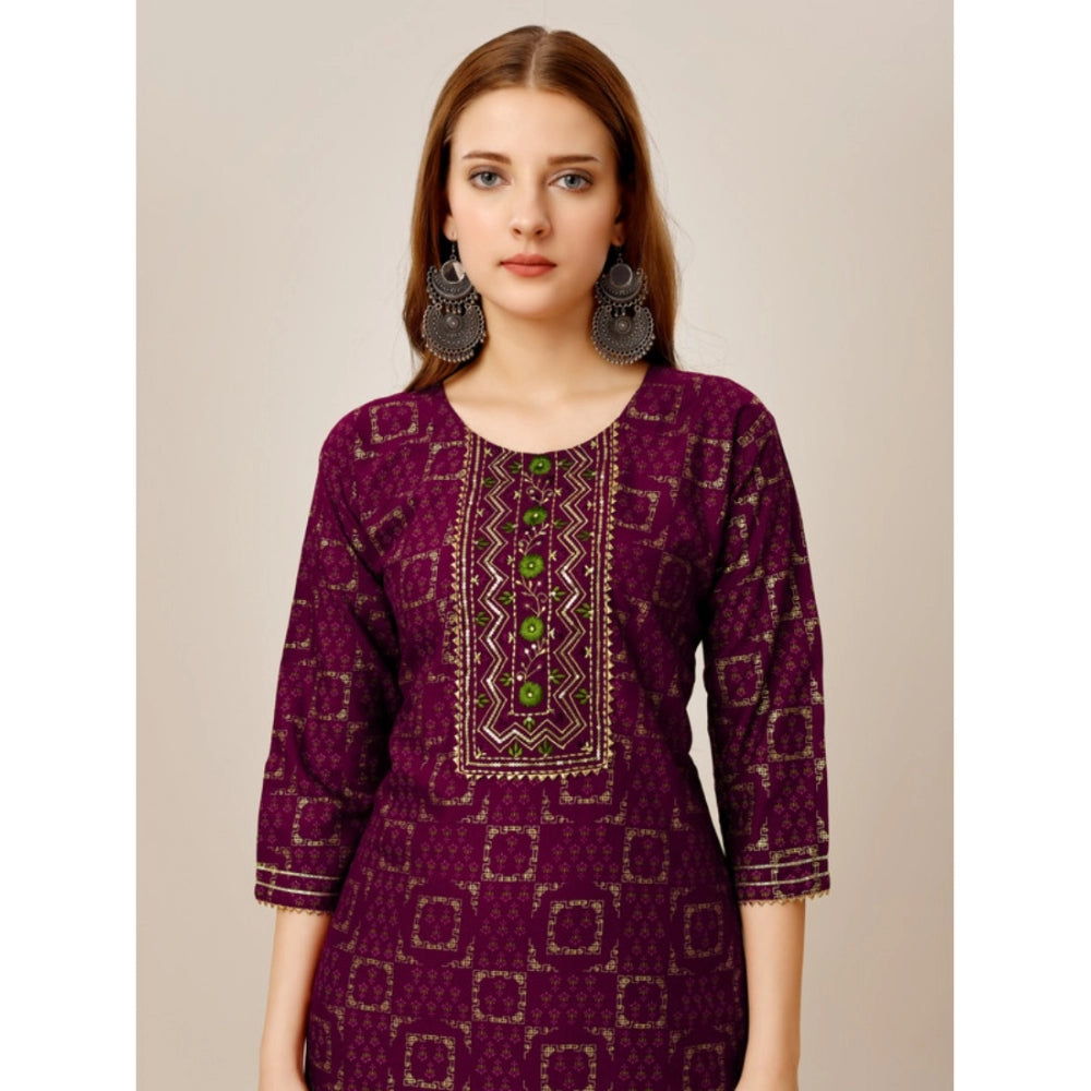 Women's Casual 3-4 th Sleeve Embroidery Rayon Kurti Pant Set (Purple) - GillKart