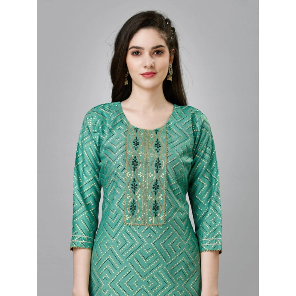 Women's Casual 3-4 th Sleeve Embroidery Rayon Kurti Pant Set (Green) - GillKart