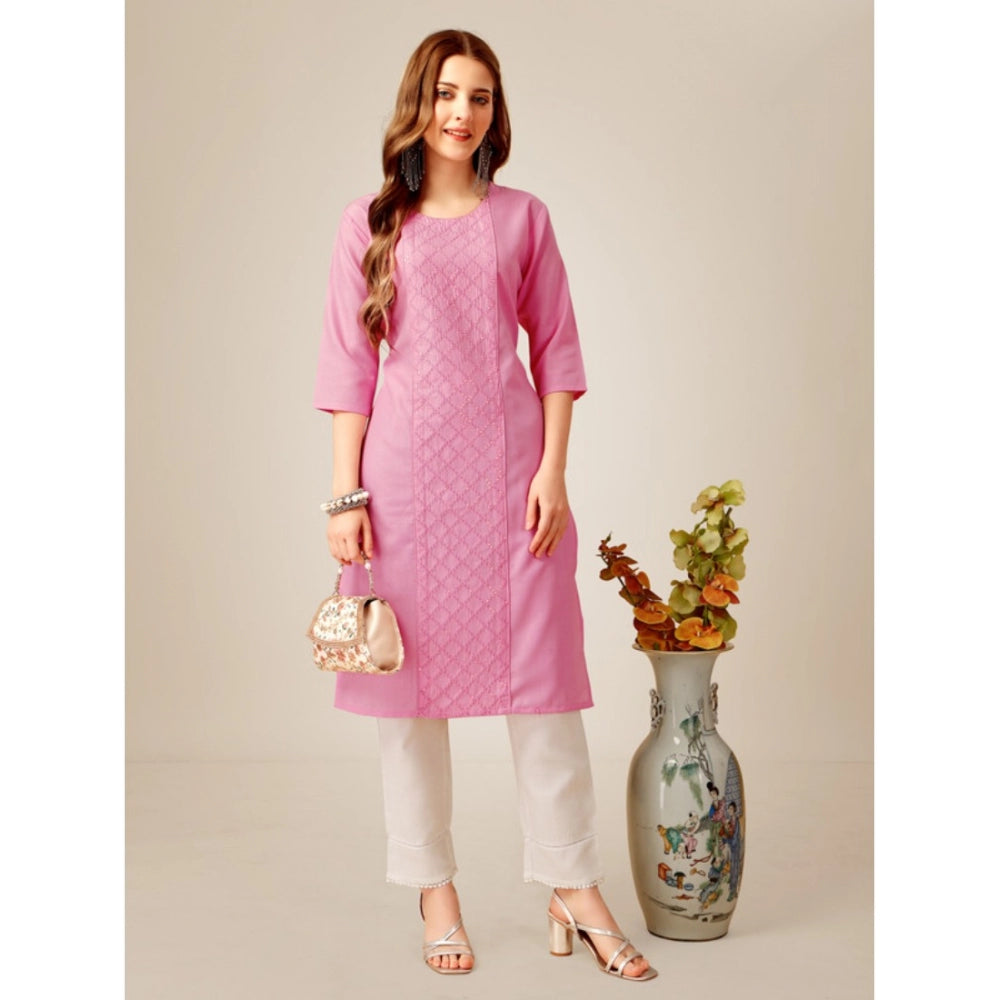 Women's Casual 3-4 th Sleeve Embroidery Cotton Kurti Pant Set (Pink) - GillKart