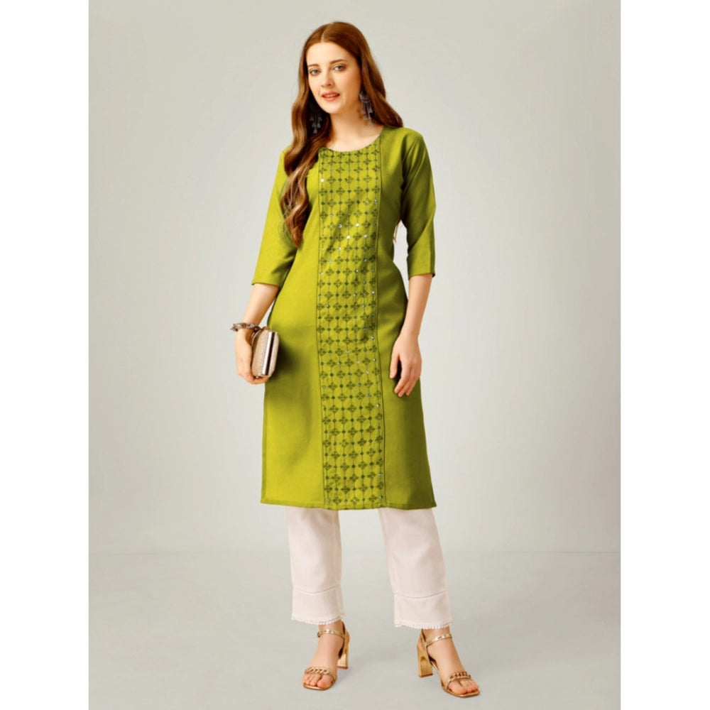 Women's Casual 3-4 th Sleeve Embroidery Cotton Kurti Pant Set (Green) - GillKart