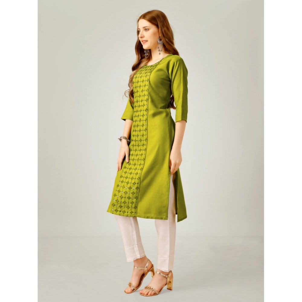 Women's Casual 3-4 th Sleeve Embroidery Cotton Kurti Pant Set (Green) - GillKart