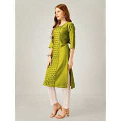 Women's Casual 3-4 th Sleeve Embroidery Cotton Kurti Pant Set (Green) - GillKart