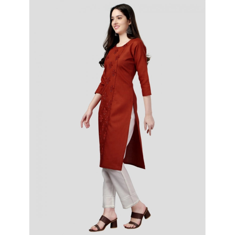 Women's Casual 3-4 th Sleeve Embroidery Cotton Kurti (Rust) - GillKart