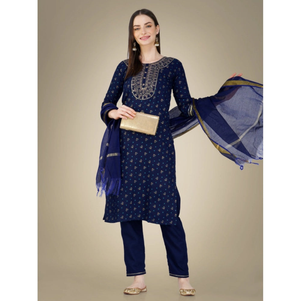 Women's Casual 3-4 th Sleeve Embroidery Cotton Kurti Pant Dupatta Set (Dark Blue) - GillKart