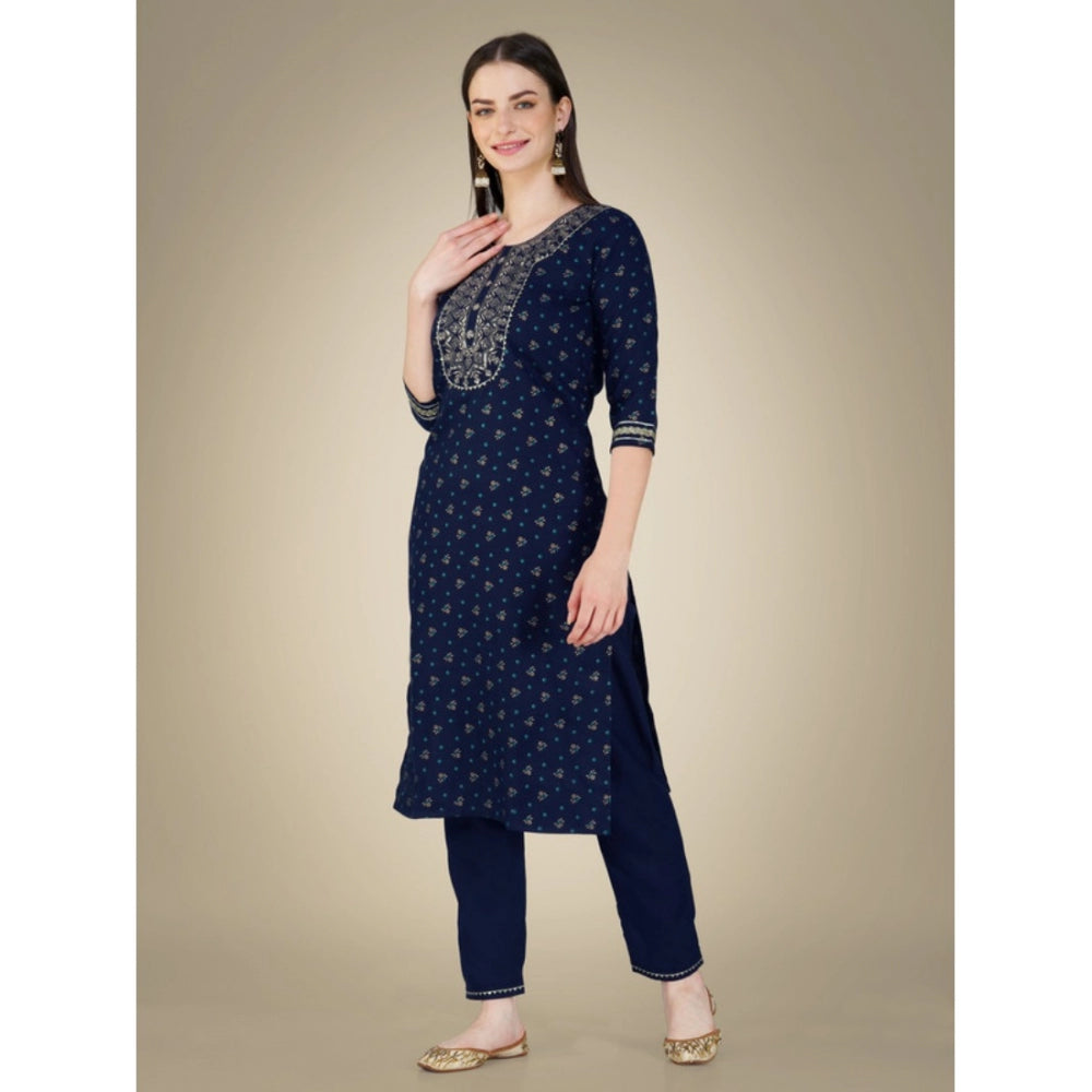 Women's Casual 3-4 th Sleeve Embroidery Cotton Kurti Pant Dupatta Set (Dark Blue) - GillKart