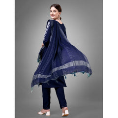 Women's Casual 3-4 th Sleeve Embroidery Cotton Kurti Pant Dupatta Set (Dark Blue) - GillKart