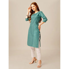 Women's Casual 3-4 th Sleeve Embroidery Cotton Kurti Pant Set (Green) - GillKart