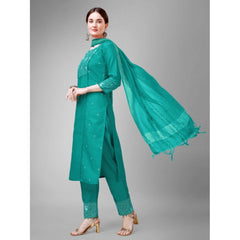 Women's Casual 3-4 th Sleeve Embroidery Cotton Kurti Pant Dupatta Set (Rama) - GillKart