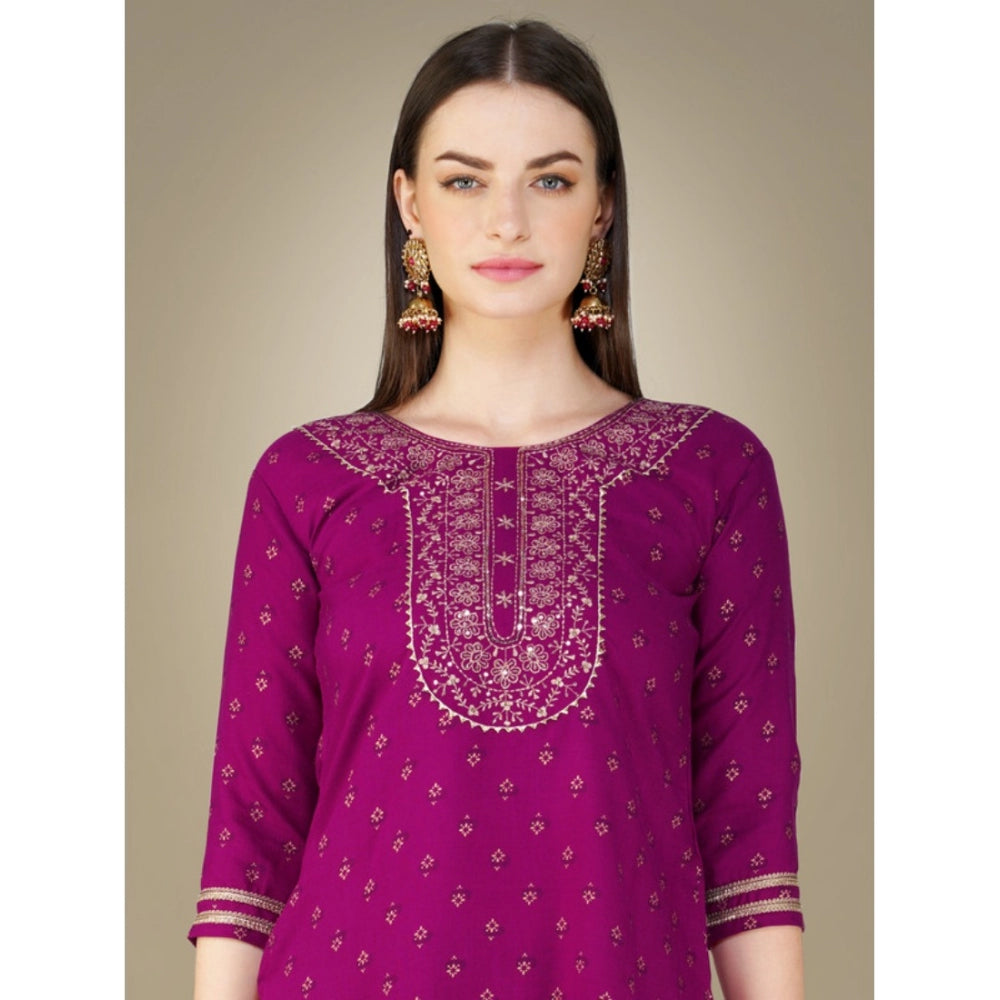 Women's Casual 3-4 th Sleeve Embroidery Cotton Kurti Pant Dupatta Set (Purple) - GillKart