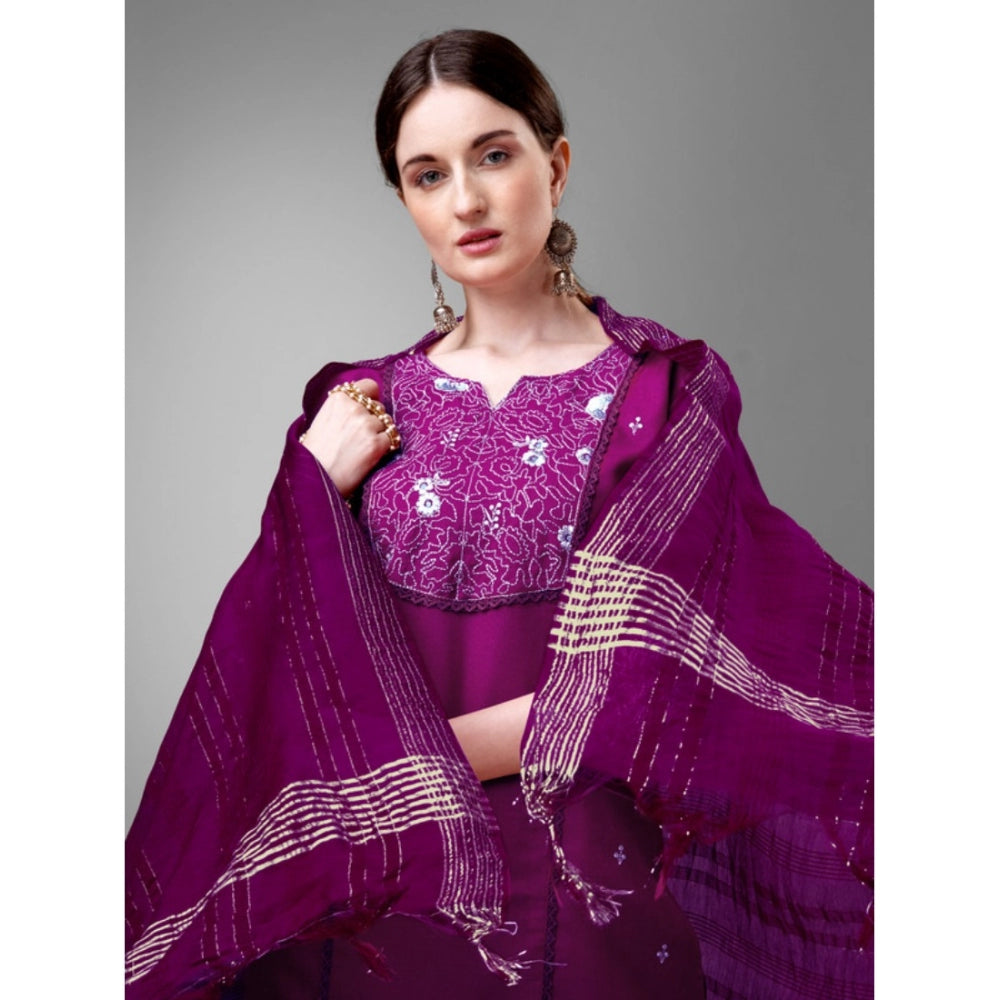 Women's Casual 3-4 th Sleeve Embroidery Cotton Kurti Pant Dupatta Set (Purple) - GillKart