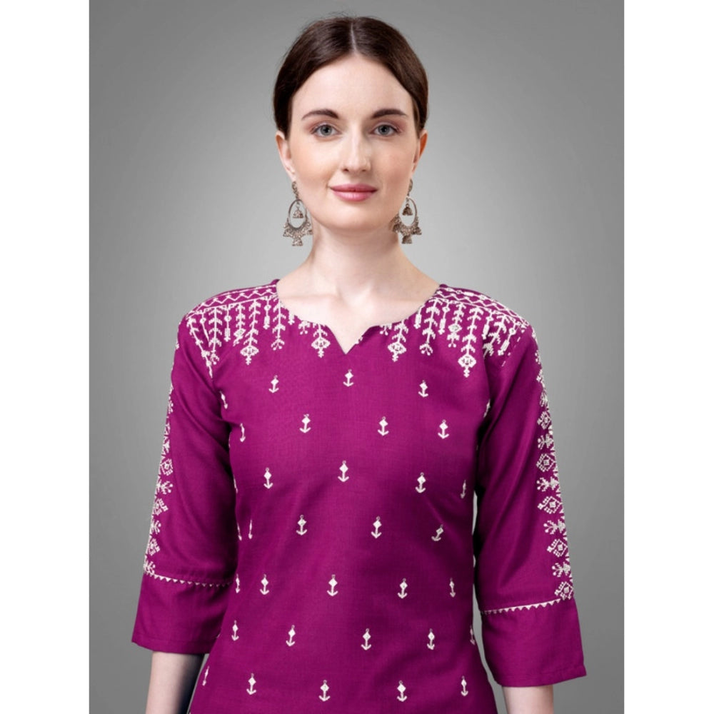 Women's Casual 3-4 th Sleeve Embroidery Cotton Kurti Pant Dupatta Set (Purple) - GillKart