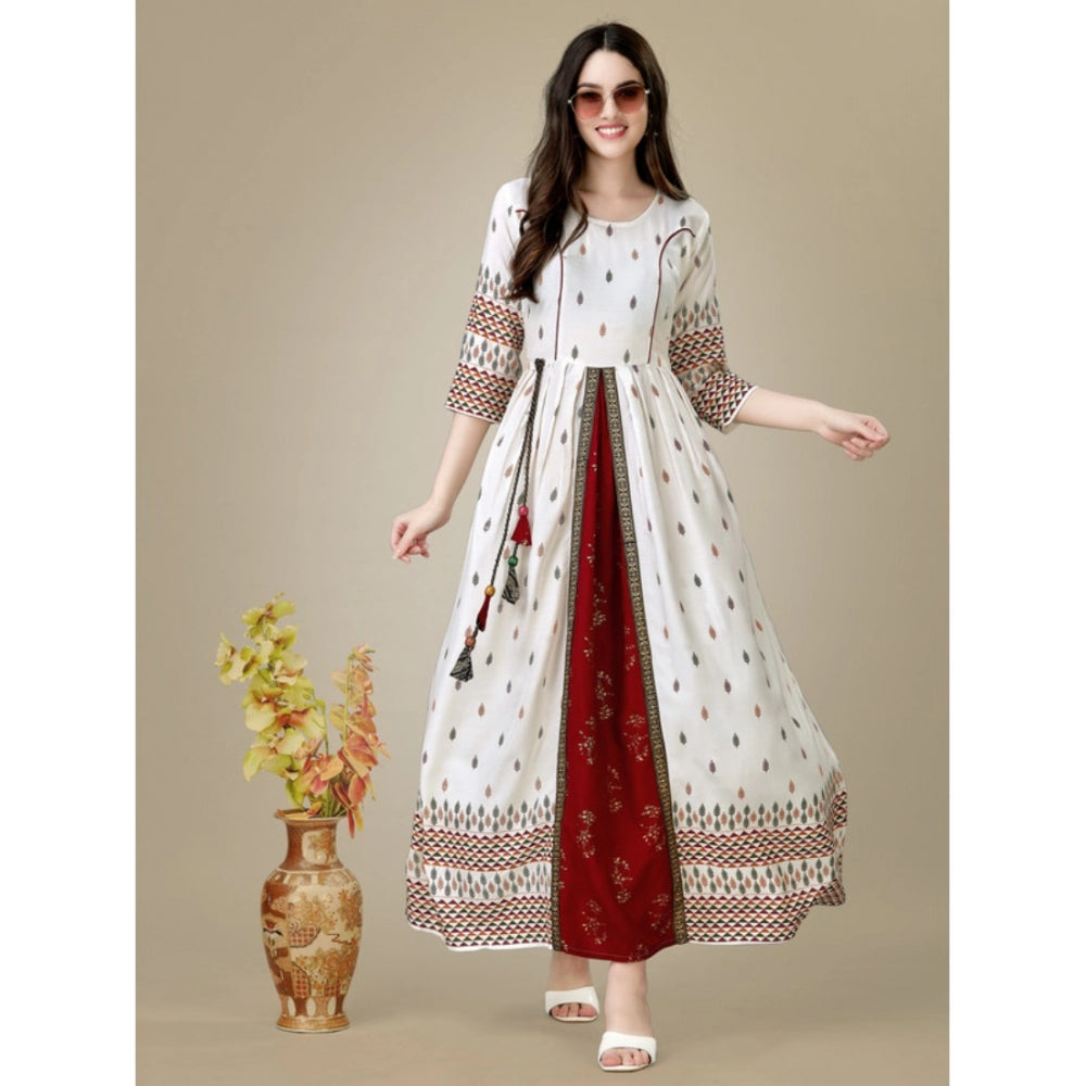 Women's Casual 3-4 th Sleeve Printed Rayon Gown (White) - GillKart