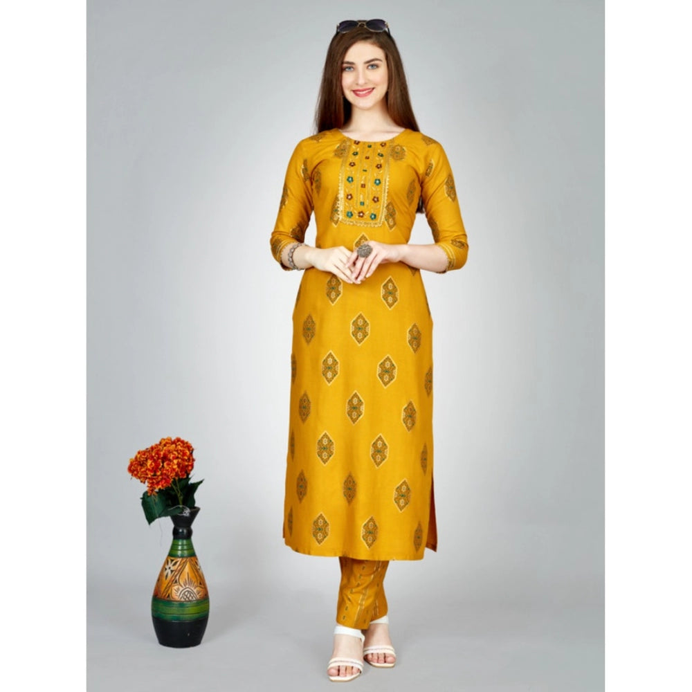 Women's Casual 3-4 th Sleeve Embroidery Rayon Kurti Pant Set (Yellow) - GillKart