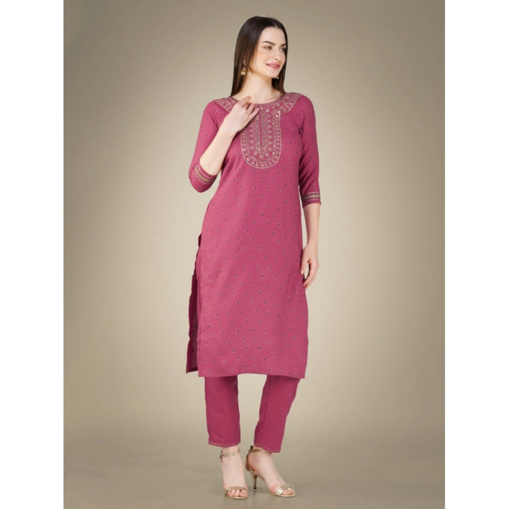 Women's Casual 3-4 th Sleeve Embroidery Cotton Kurti Pant Dupatta Set (Wine) - GillKart