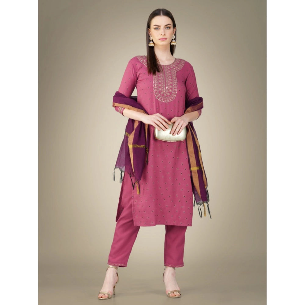 Women's Casual 3-4 th Sleeve Embroidery Cotton Kurti Pant Dupatta Set (Wine) - GillKart