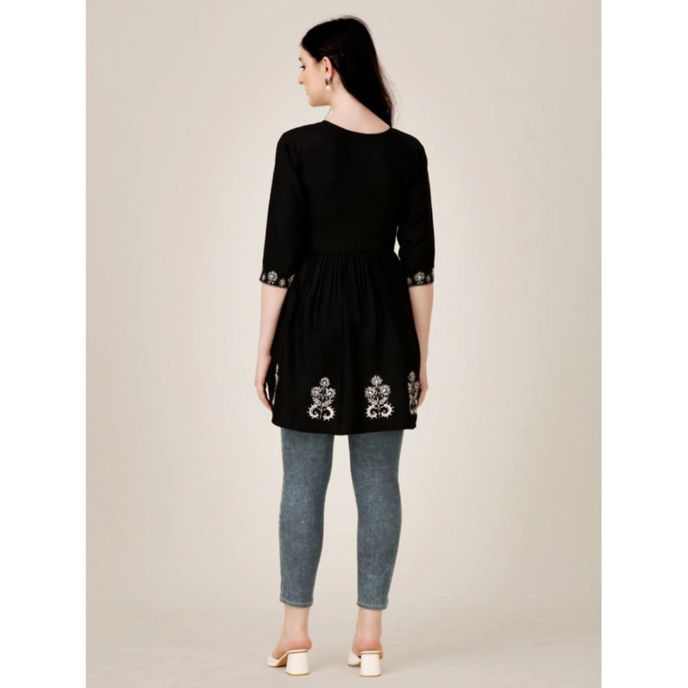 Women's Casual 3-4 th Sleeve Embroidered Rayon Tunic Top (Black) - GillKart