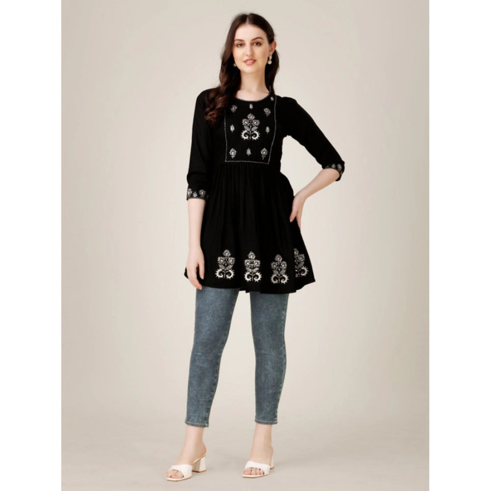 Women's Casual 3-4 th Sleeve Embroidered Rayon Tunic Top (Black) - GillKart