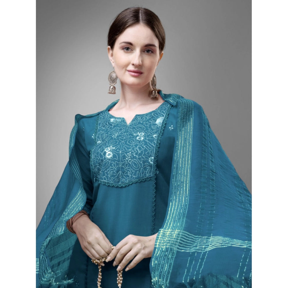 Women's Casual 3-4 th Sleeve Embroidery Cotton Kurti Pant Dupatta Set (Blue ) - GillKart