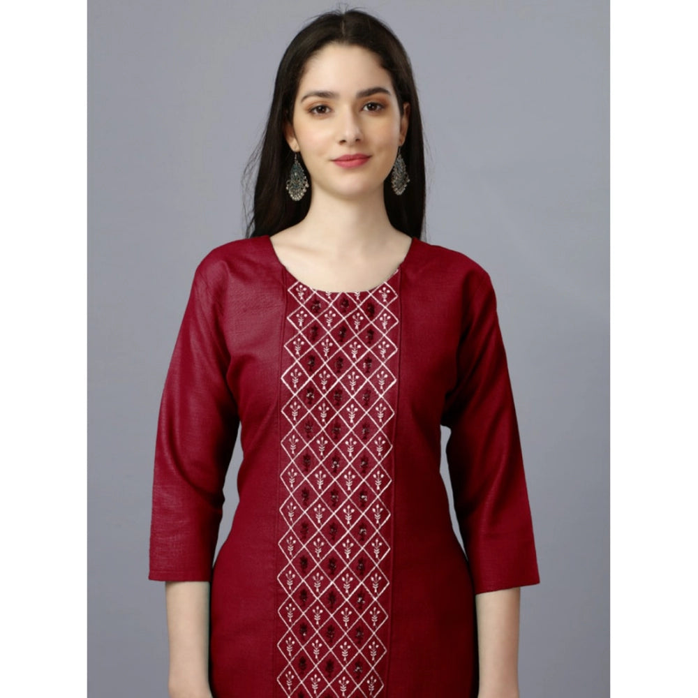 Women's Casual 3-4 th Sleeve Embroidery Cotton Kurti (Maroon) - GillKart