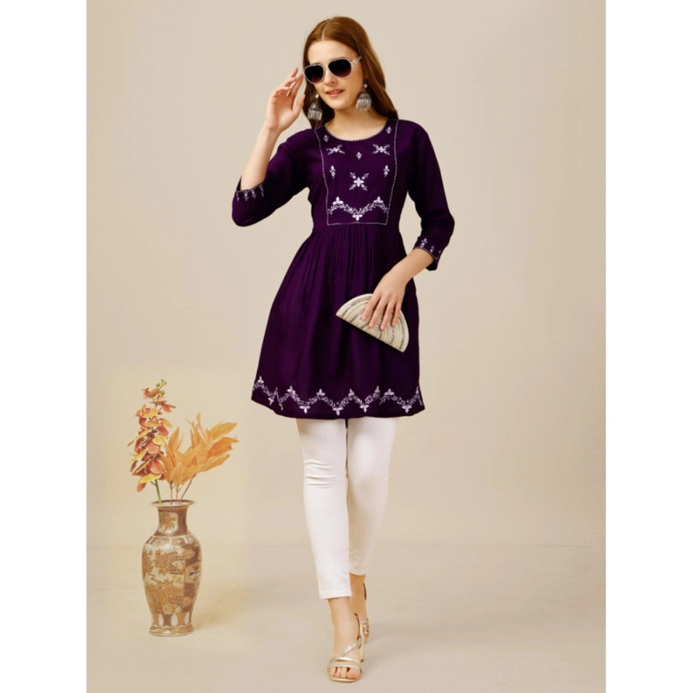 Women's Casual 3-4 th Sleeve Embroidered Rayon Tunic Top (Purple) - GillKart