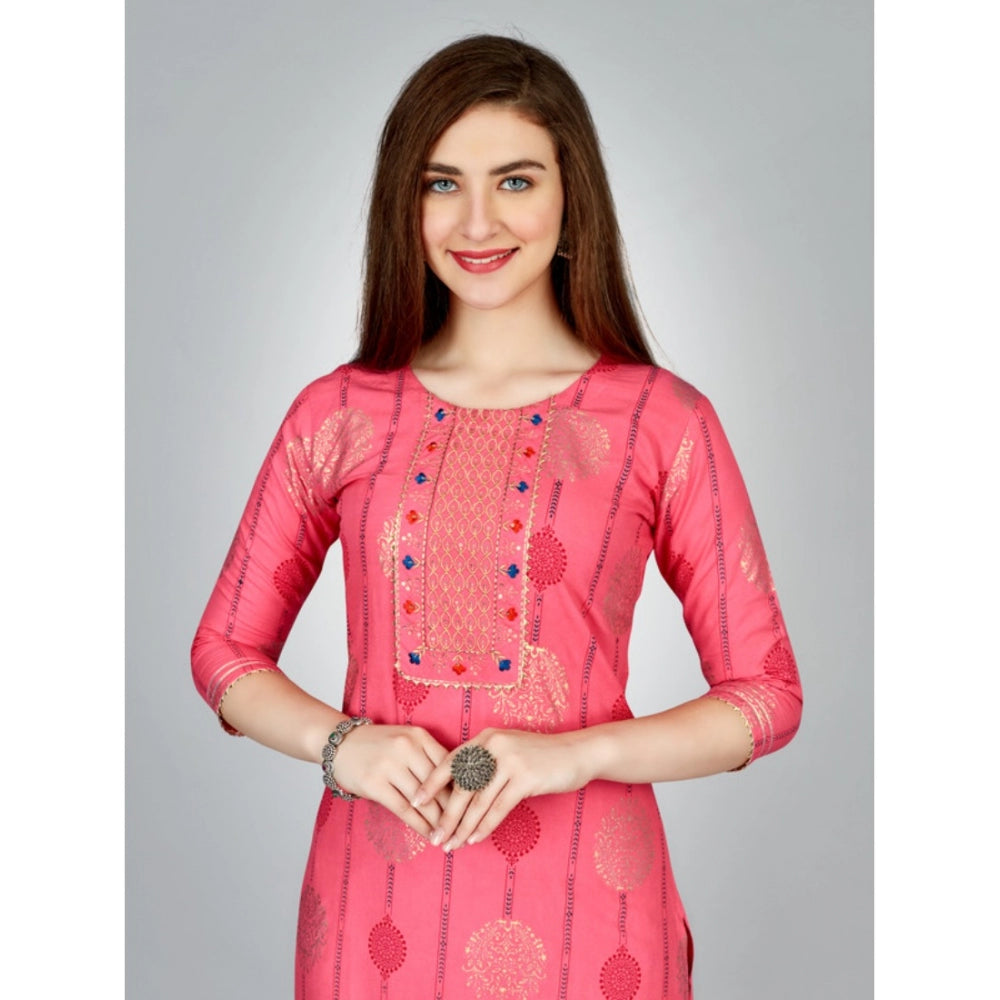 Women's Casual 3-4 th Sleeve Embroidery Rayon Kurti Pant Set (Pink) - GillKart