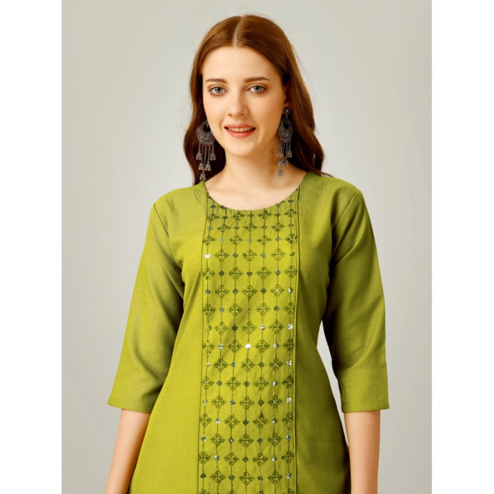 Women's Casual 3-4 th Sleeve Embroidery Cotton Kurti Pant Set (Green) - GillKart