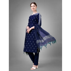 Women's Casual 3-4 th Sleeve Embroidery Cotton Kurti Pant Dupatta Set (Dark Blue) - GillKart