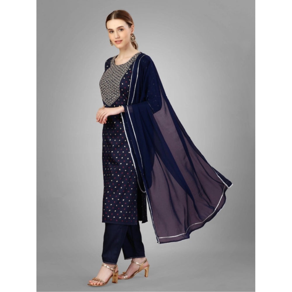 Women's Casual 3-4 th Sleeve Embroidery Silk Blend Kurti Pant Dupatta Set (Navy Blue) - GillKart