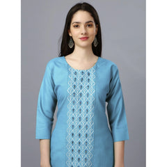 Women's Casual 3-4 th Sleeve Embroidery Cotton Kurti (Light Blue) - GillKart