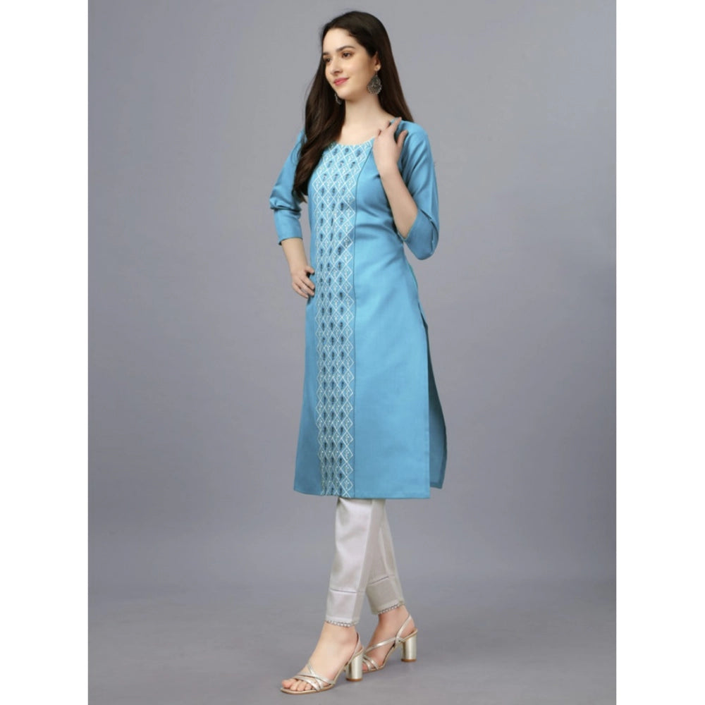 Women's Casual 3-4 th Sleeve Embroidery Cotton Kurti (Light Blue) - GillKart