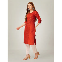 Women's Casual 3-4 th Sleeve Embroidery Cotton Kurti Pant Set (Brown) - GillKart