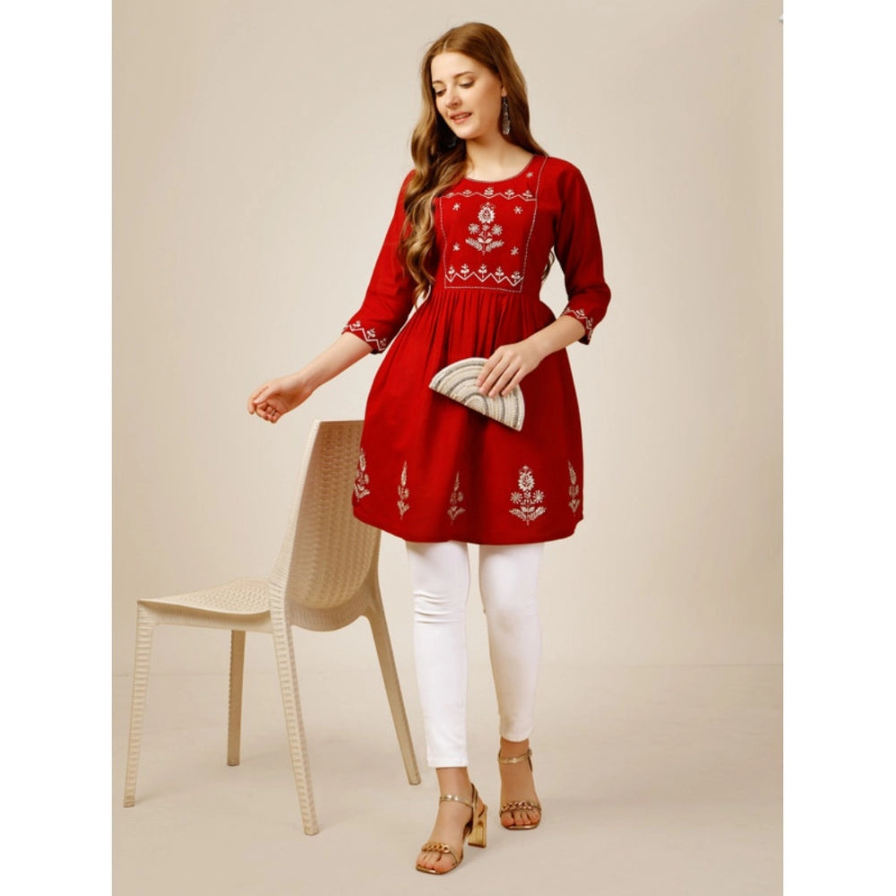 Women's Casual 3-4 th Sleeve Embroidered Rayon Tunic Top (Red) - GillKart