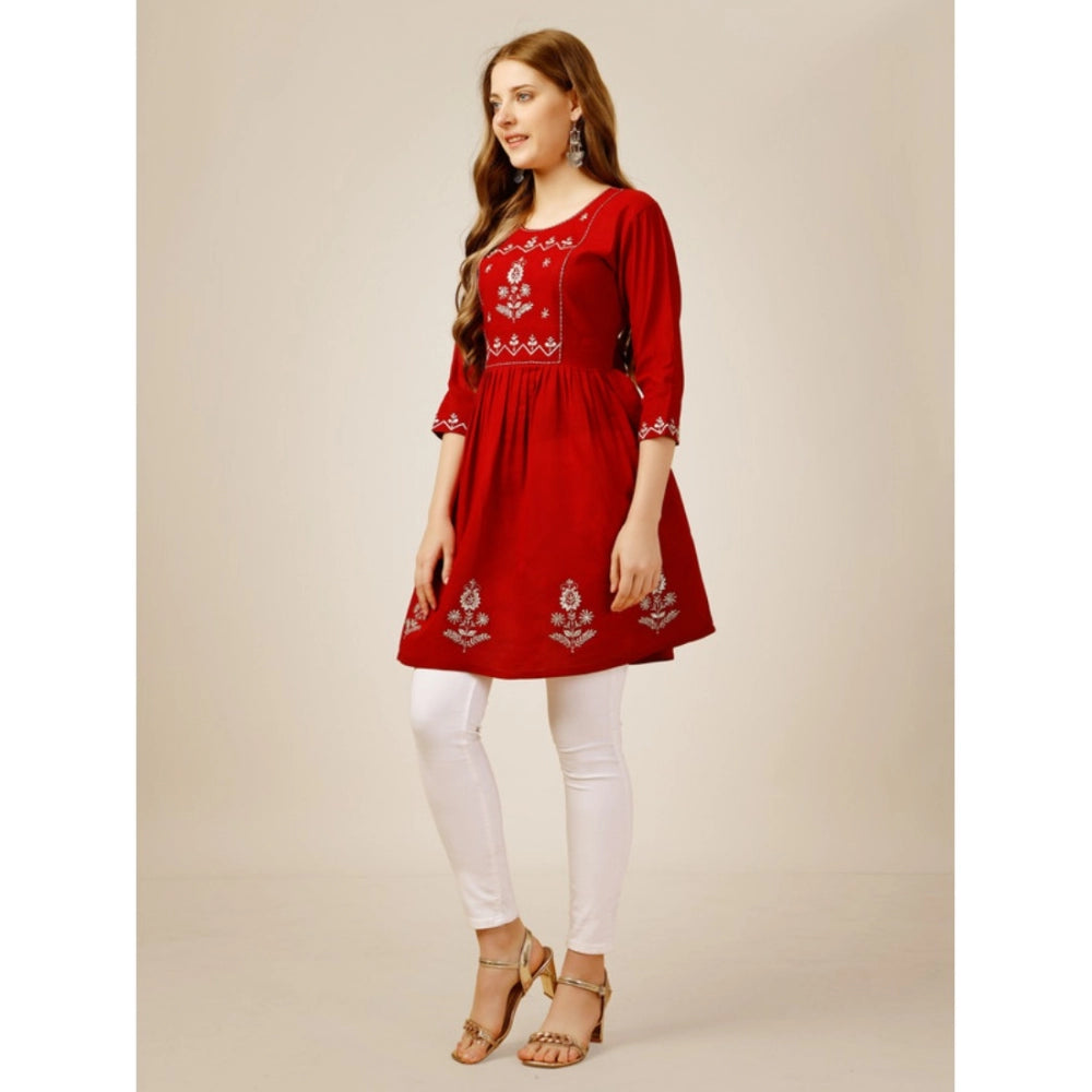 Women's Casual 3-4 th Sleeve Embroidered Rayon Tunic Top (Red) - GillKart