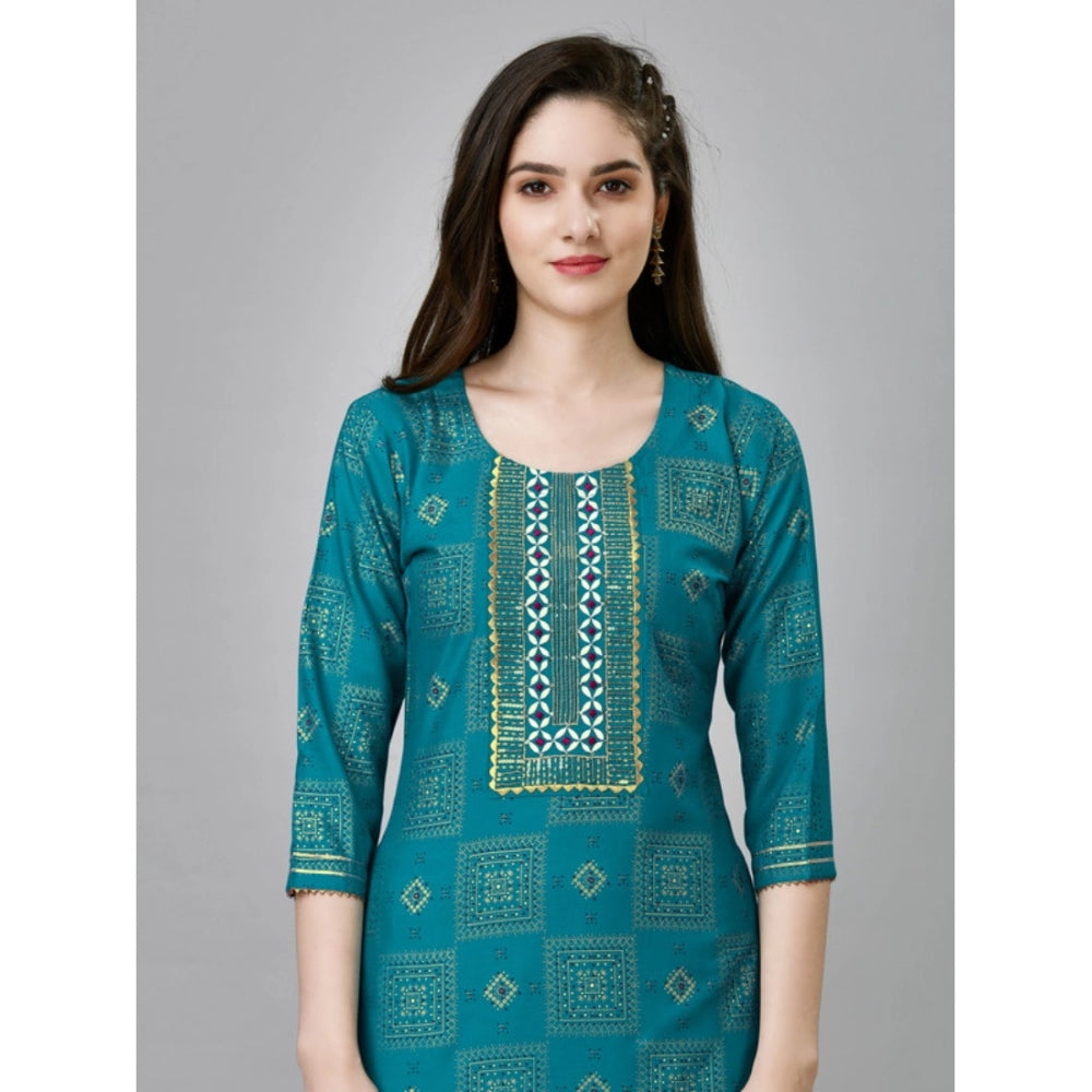 Women's Casual 3-4 th Sleeve Embroidery Rayon Kurti Pant Set (Green) - GillKart