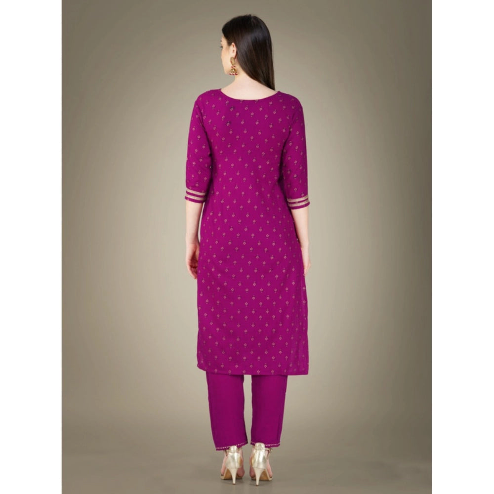 Women's Casual 3-4 th Sleeve Embroidery Cotton Kurti Pant Dupatta Set (Purple) - GillKart