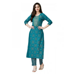 Women's Casual 3-4 th Sleeve Embroidery Rayon Kurti Pant Set (Green) - GillKart