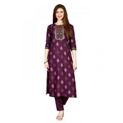 Women's Casual 3-4 th Sleeve Embroidery Rayon Kurti Pant Set (Purple) - GillKart