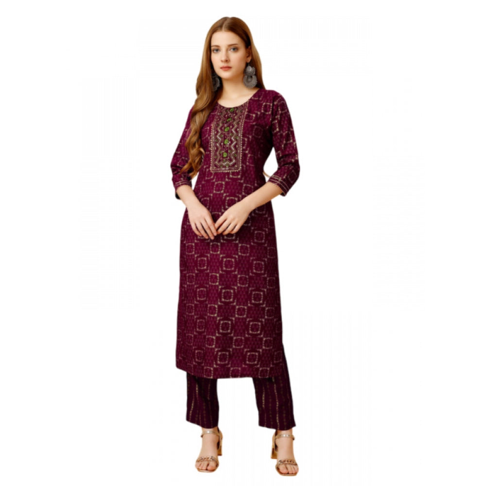 Women's Casual 3-4 th Sleeve Embroidery Rayon Kurti Pant Set (Purple) - GillKart