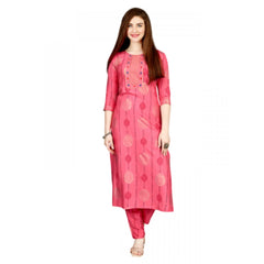 Women's Casual 3-4 th Sleeve Embroidery Rayon Kurti Pant Set (Pink) - GillKart