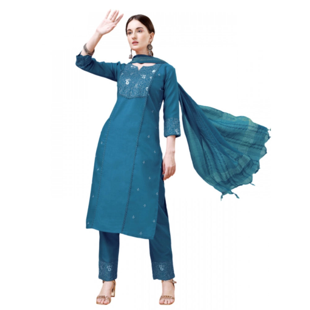 Women's Casual 3-4 th Sleeve Embroidery Cotton Kurti Pant Dupatta Set (Blue ) - GillKart