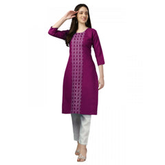 Women's Casual 3-4 th Sleeve Embroidery Cotton Kurti (Purple) - GillKart