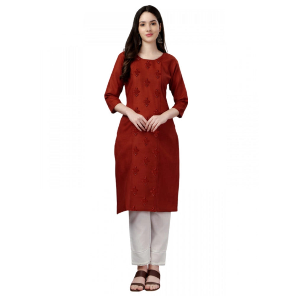 Women's Casual 3-4 th Sleeve Embroidery Cotton Kurti (Rust) - GillKart