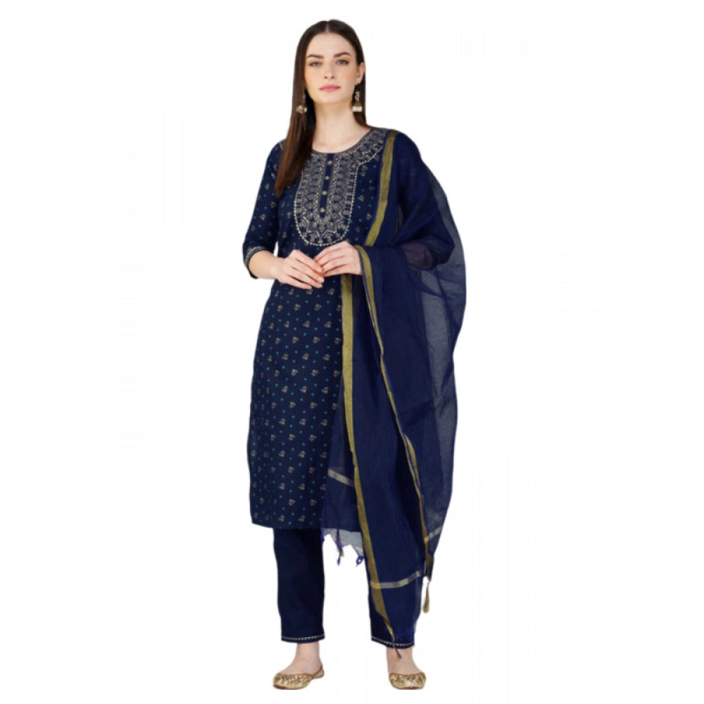 Women's Casual 3-4 th Sleeve Embroidery Cotton Kurti Pant Dupatta Set (Dark Blue) - GillKart