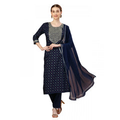 Women's Casual 3-4 th Sleeve Embroidery Silk Blend Kurti Pant Dupatta Set (Navy Blue) - GillKart