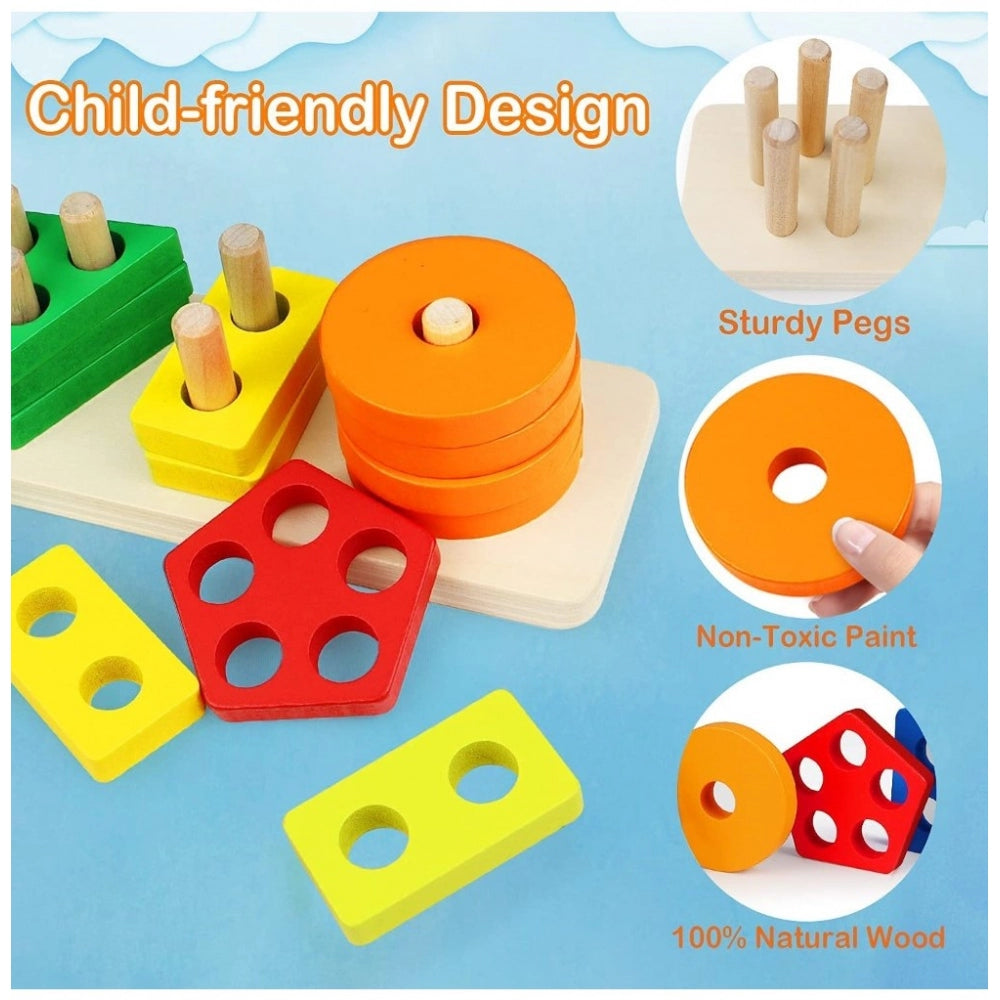 Wooden Sorting And Stacking Toys 5 Column Geometric Shape Puzzle Activity For Kids (Wooden) - GillKart