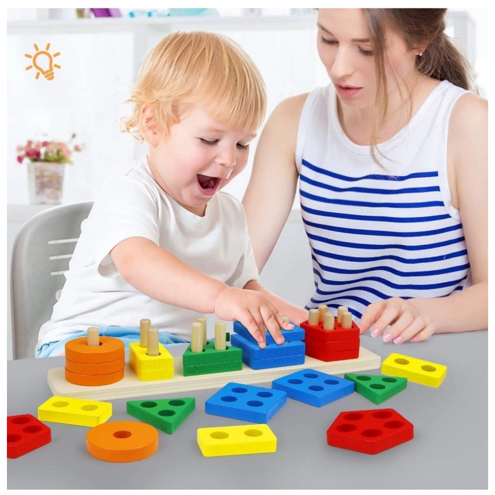 Wooden Sorting And Stacking Toys 5 Column Geometric Shape Puzzle Activity For Kids (Wooden) - GillKart