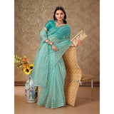 Women's Linen Line Saree With Unstitched Blouse (Turquies Green, 5-6 Mtrs) - GillKart