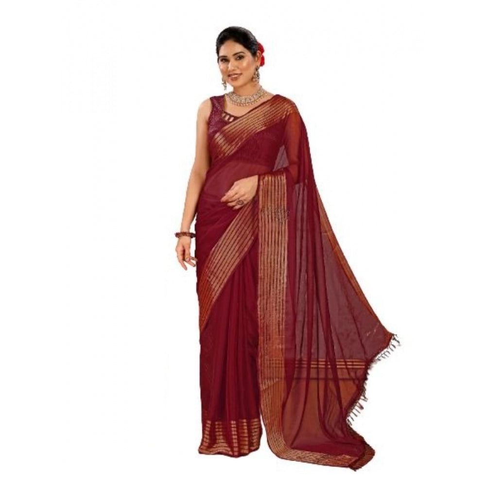 Women's Chiffon Fabric Plain Saree With Unstitched Blouse (Maroon, 5-6 Mtrs)