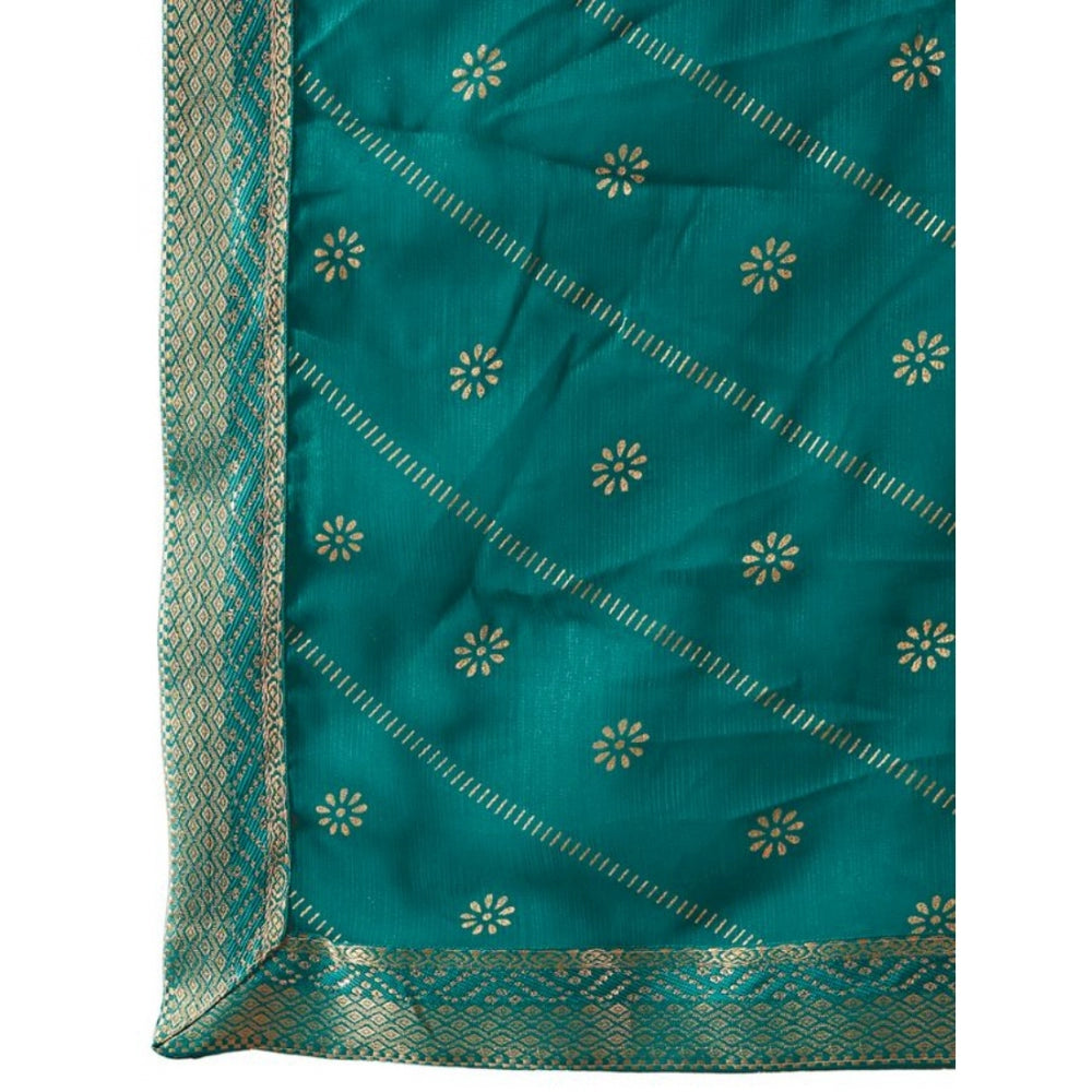 Women's Zomto Bandhini Saree With Unstitched Blouse (Teal Blue, 5-6 Mtrs) - GillKart