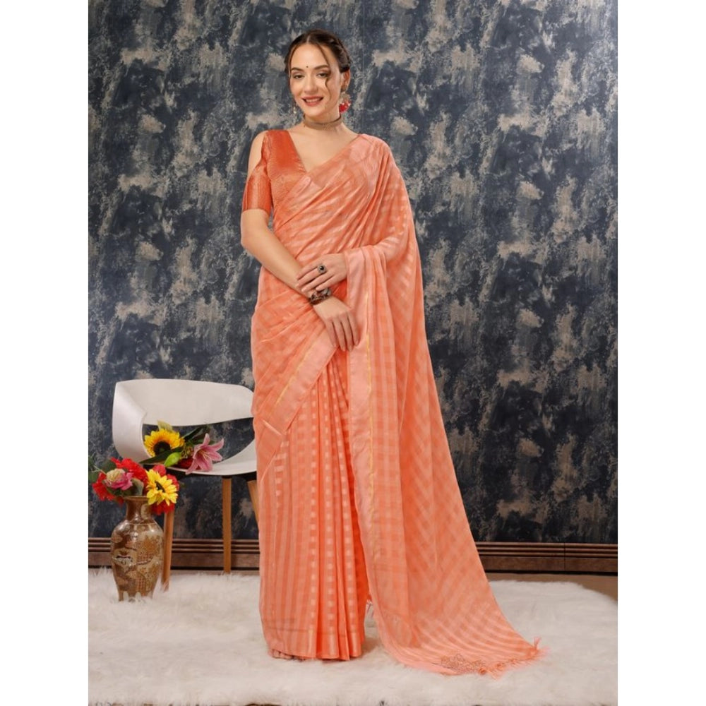 Women's Chiffon Fabric Line Saree With Unstitched Blouse (Peach, 5-6 Mtrs) - GillKart